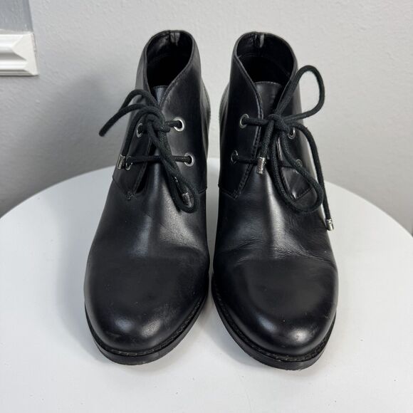 Cole Haan Linea Womens 8 1/2 B Black Leather Lace Up Wedge Ankle Boots Booties - Picture 2 of 7